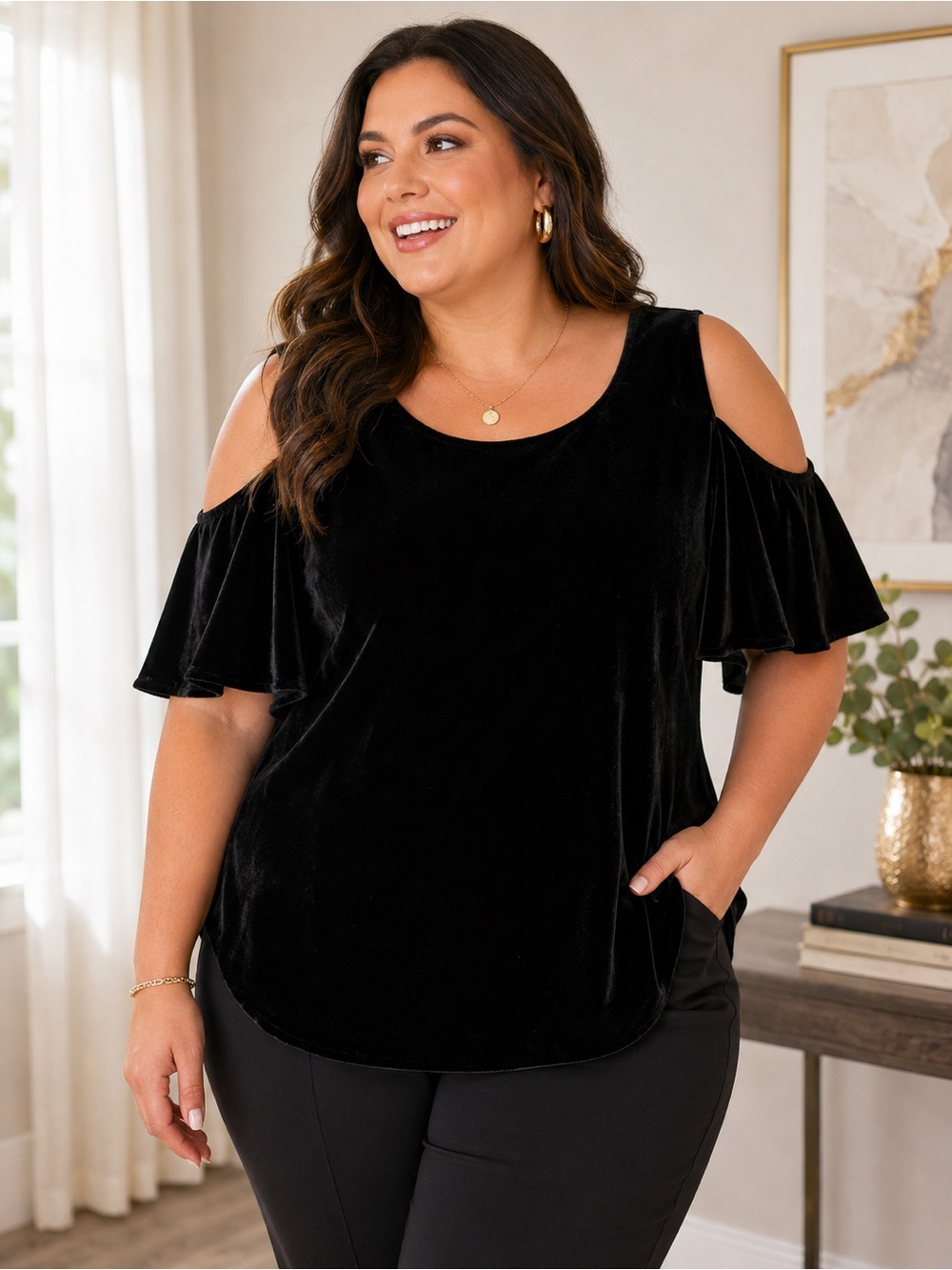 NWT Lauren Ralph Lauren 1X Black Velvet Cold Shoulder Flutter Sleeve Blouse Top